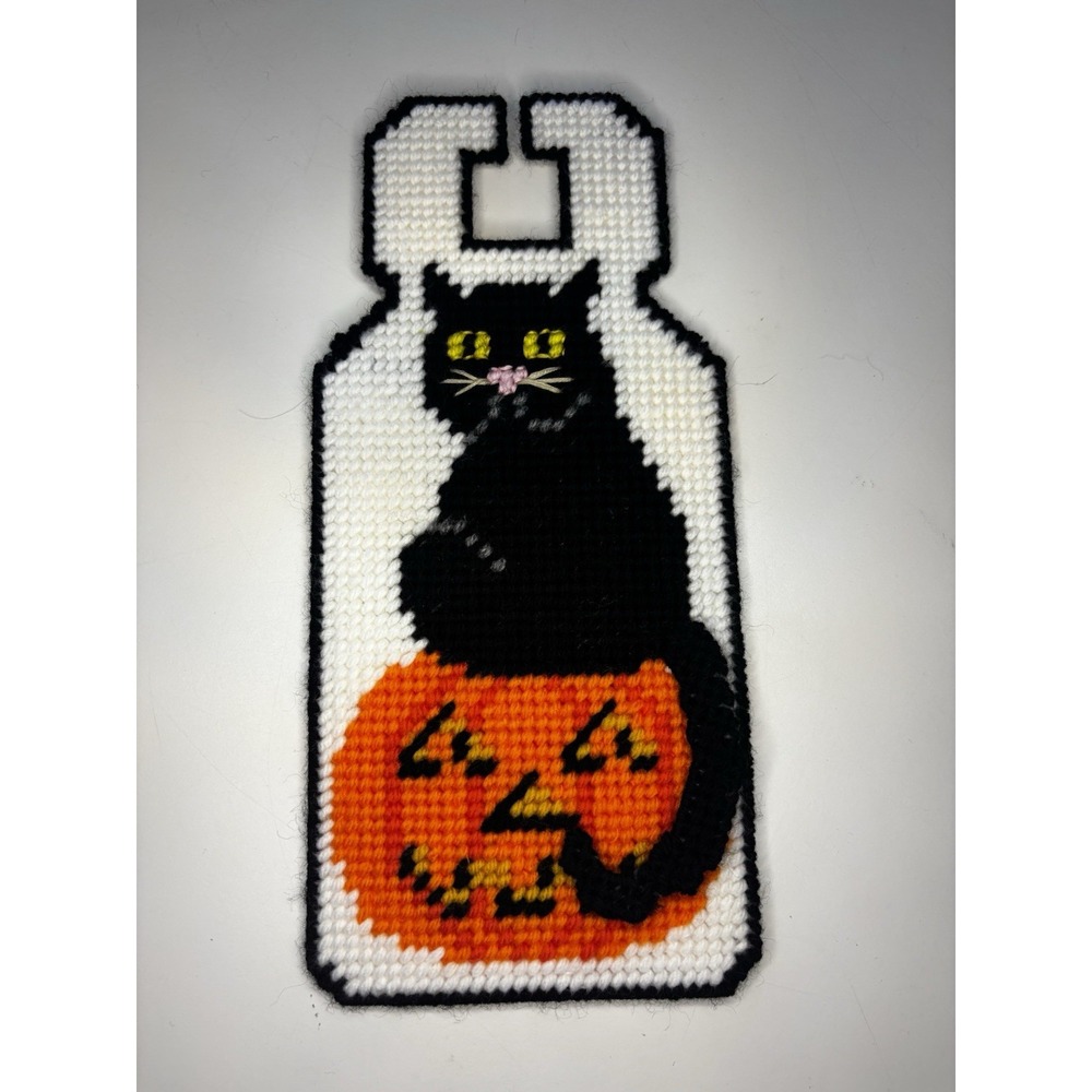🐈⬛Vintage Halloween Black Cat Jack-o'-lantern Cross Stitch Doorknob Hanger